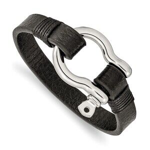 Kazi Luxury Steel Polished Shackle Black Leather 8.25in Bracelet